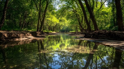 Obraz premium Serene forest stream reflecting lush greenery in bright sunlight.