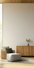 Modern living room interior with natural elements and minimalist design showcasing a cozy atmosphere