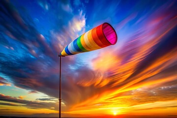 Long Exposure Windsock Showing Wind Direction and Strength, Vivid Colors, Dramatic Sky