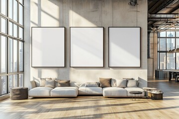 Spacious loft with blank canvases, sunlight, and modern design