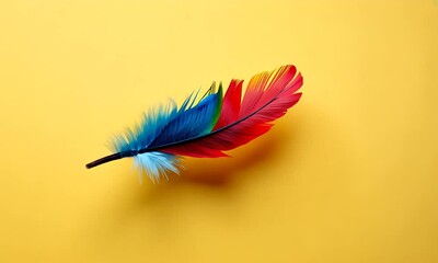 A vibrant arrangement of blue and red feathers on a yellow background.