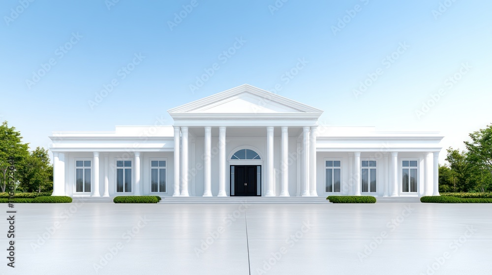 Poster a modern neoclassical building with columns and a symmetrical facade.