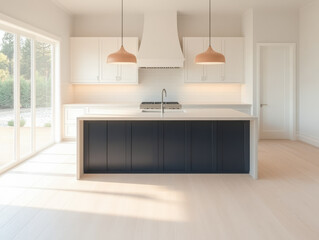 Modern kitchen design featuring a spacious layout and natural lighting in a serene setting