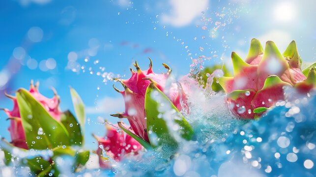 pitaya juice waterfall splash with delicate pitayas against bright blue sky in surreal style. Realistic and fresh fruit color display, ultra fine detail of pitayas