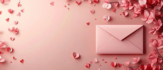 A beautiful Valentines Day background featuring a pink envelope illustration, romantic elements, and a customizable banner template for your message