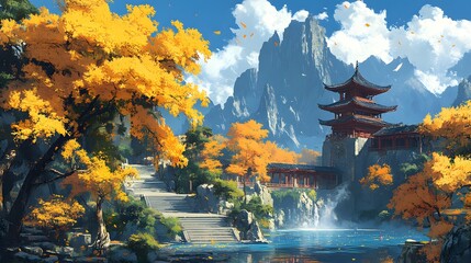 Obraz premium Serene autumn landscape with a traditional pagoda amidst vibrant orange foliage.