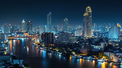 Obraz premium Urban Night Cityscape of Bangkok Skyline with Reflections