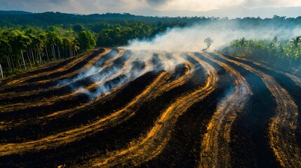 Fototapeta premium Aerial view of smoky agricultural land with lush greenery in the background.