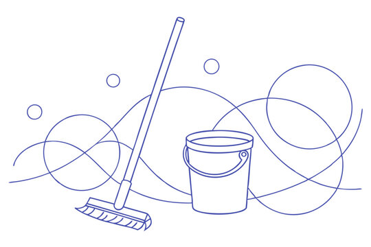 Mop and Bucket Vector Art. Clean Design in Line Art Style
