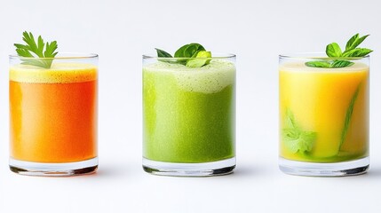 Fototapeta premium Three colorful juices in glasses, showcasing vibrant flavors.