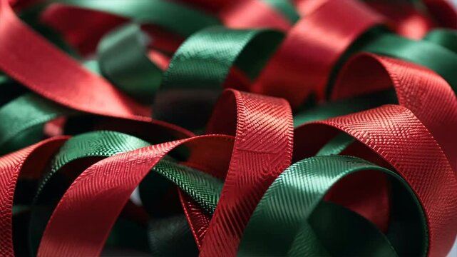 Colorful red and green ribbons intertwined create festive decoration, perfect for gift wrapping, adding cheerful touch with their shiny texture and vibrant holiday spirit.