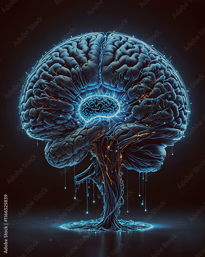 Poster human brain made of luminous lines on black background. 3d rendering