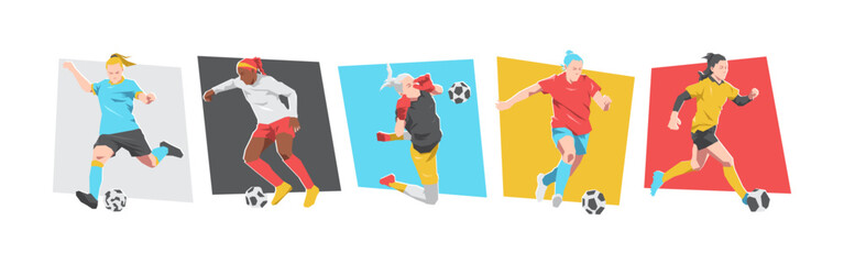 Set of female football players, soccer athlete. Isolated on white background. Flat graphic vector illustration.
