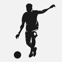 Silhouette of male football player, soccer athlete kicking the ball. Vector logo illustration.