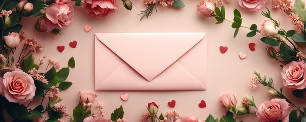 A romantic Valentines Day decoration with a pink envelope, floral accents, and a banner template for a personalized love note or greeting