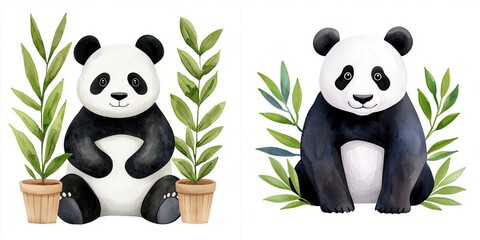 Chinese new year customs concept. Two cute pandas surrounded by green leaves in pots.