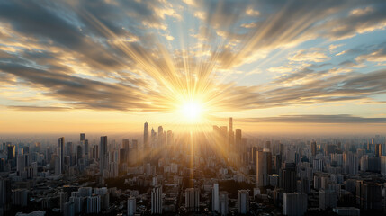 Breathtaking sunrise over city skyline, illuminating buildings with golden rays