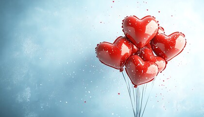 A Valentines Day illustration with red heartshaped balloons, soft noise texture, and a banner template for a romantic theme background design