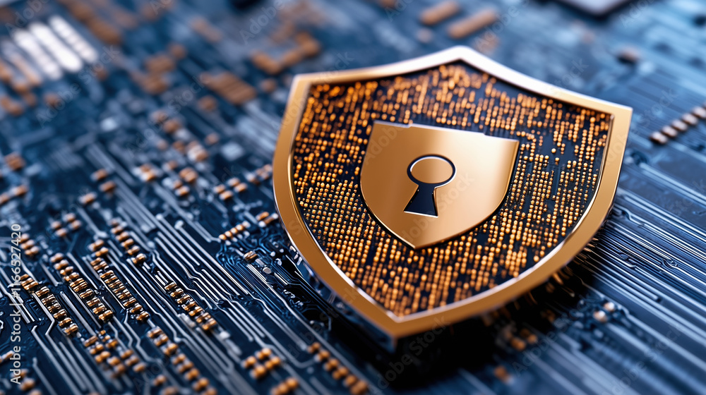Poster high resolution cyber security shield on digital circuit background