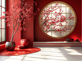 a modern, minimalist interior with a large, round window displaying a vibrant red blossom tree. Adjacent to the window is a round wooden platform with a gold rim, and a similar blossoming tree