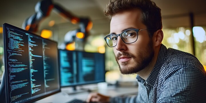 Programmer seated in a futuristic laboratory, immersed in writing code on a high-tech computer setup