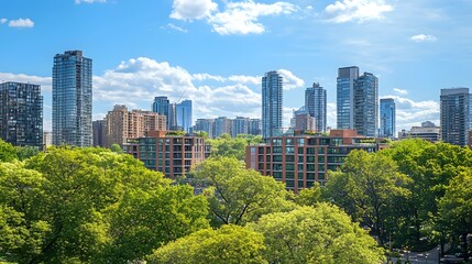 Fototapeta premium A vibrant city skyline surrounded by lush greenery on a sunny day.