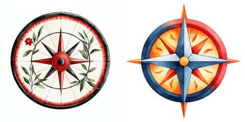 Chinese new year fireworks concept. Two artistic compasses with distinct designs and colors side by side.
