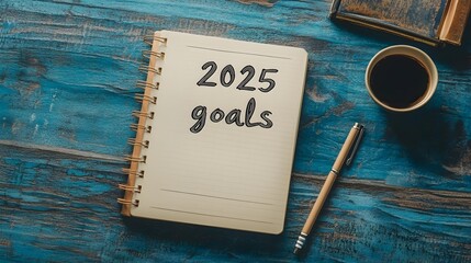 2025 Goals written on paper with coffee cup. List down your New year goals