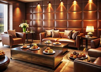 Fototapeta premium Luxurious Lounge: Brown Leather Armchairs, Copper Walls & Gourmet Food Platter
