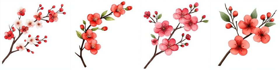 Chinese new year fireworks concept. Delicate pink blossoms on branches with green leaves.