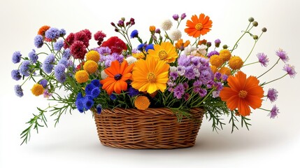 Obraz premium [colorful flower farm vibrant picking plant] Colorful Fresh Flower Arrangement in Woven Basket on White Background