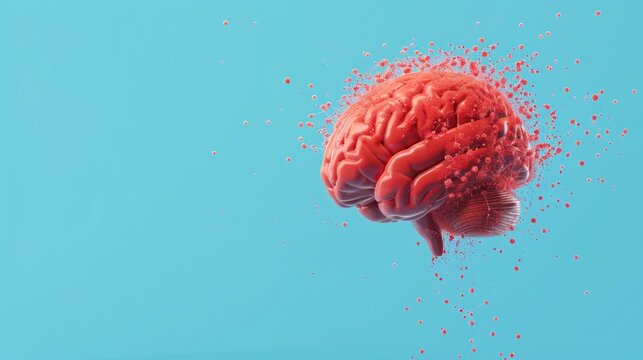 Exploding red brain against blue background.