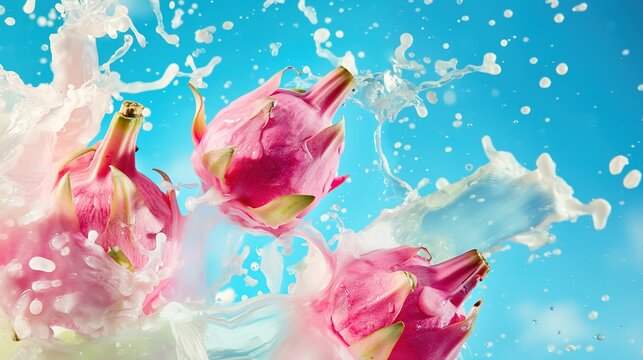 pitaya juice waterfall splash with delicate pitayas against bright blue sky in surreal style. Realistic and fresh fruit color display, ultra fine detail of pitayas