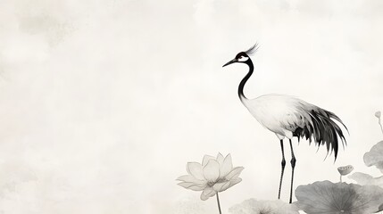 Naklejka premium Graceful Crane in Misty Lotus Pond