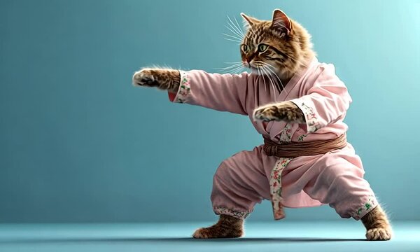 A cat dressed in a pink kimono strikes a martial arts pose against a blue background.
