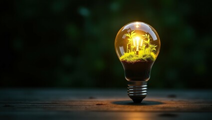 A light bulb terrarium with glowing plant inside, symbolizing eco-energy, creativity, and sustainability, suitable for eco campaigns.
