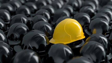 Obraz premium Yellow hard hat stands out among many black hard hats.