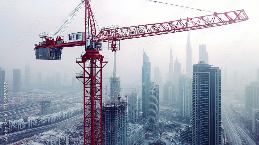 Poster isolated red crane constructing high-rise building on white background