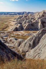 Dramatic badlands landscape, South Dakota. Erosion sculpted the earth into unique formations. Nature's artistry. Badlands National Park, Interior, South Dakota, USA.