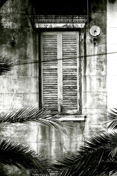 Weathered Window Wooden Blinds Black and White