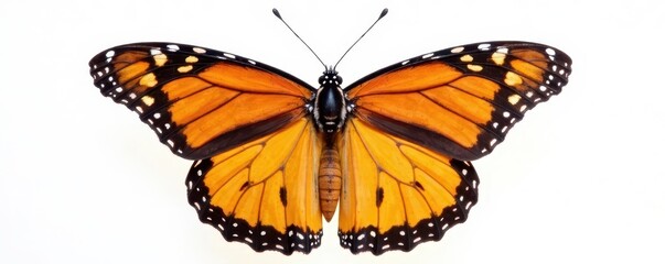 Fototapeta premium Vibrant monarch butterfly, wings spread wide, crisp white background, design, insect wing, vibrant