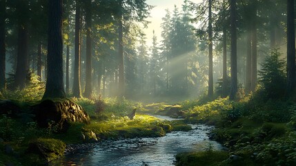 Fototapeta premium Serene forest landscape with a gentle stream flowing through lush greenery.