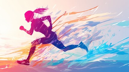 Naklejka premium Female Runner Sprints Through an Abstract Colorful Background..