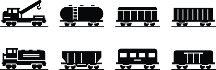 wagon and locomotive icon set.locomotive and wagon line icon collection. train, repair train and railway freight cars.container train icon sign vector. Black wagon and locomotive. © SK Vector Graphics
