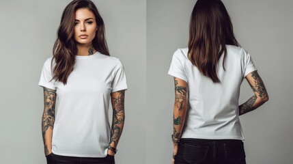 female Model in white t-shirt, plain blank tshirt mockup, Black tee, front and back view, with Tattooed Arms