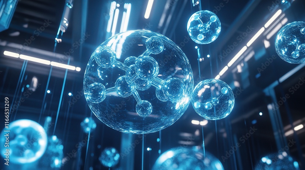 Poster dynamic blue molecular models floating in abstract space environment