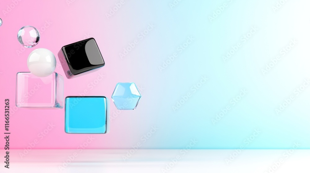 Poster abstract composition of colorful geometric shapes on a gradient background.