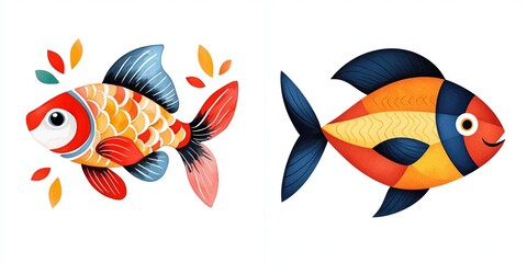 Fototapeta premium Chinese new year reunion concept. Colorful illustrated fish with vibrant patterns and details.