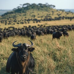 [ecosystem] Savannah Serenity Majestic Water Buffalo and Wildebeests Graze Under African Sunset