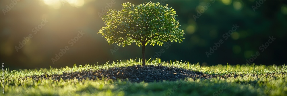 Poster a small tree on a mound of soil surrounded by grass in soft sunlight.